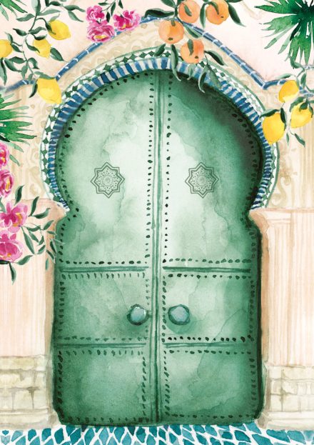 Découvrez notre faire-part de mariage inspiré de Marrakech, illustré à l'aquarelle avec une porte orientale, des oranges, citrons, fleurs orientales et motifs berbères. Une fusion parfaite entre tradition et modernité, capturant l'enchantement de l'Orient. Personnalisez-le dès maintenant pour une invitation unique et mémorable !