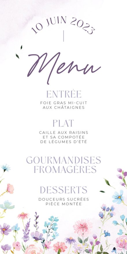 Menu mariage Pastel Romantique aquarelle
