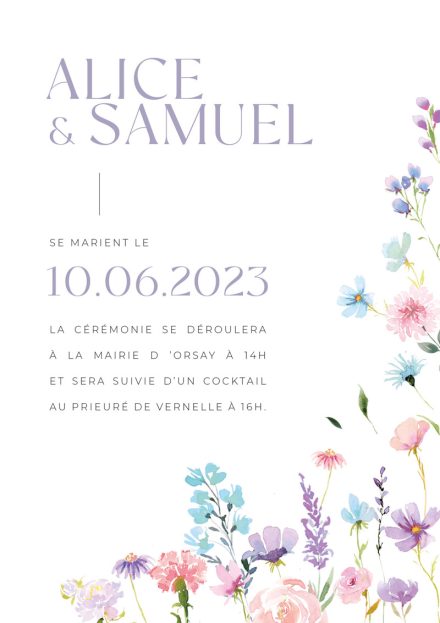 Faire-part mariage aquarelle aux couleurs pastels et romantiques