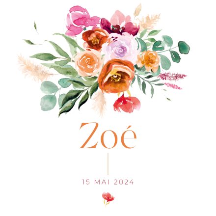 Plongez dans une symphonie florale, où chaque pétale est une note de bonheur, avec notre faire-part de naissance Bohème coloré. Des fleurs éclatantes, capturées à l'aquarelle, s'entrelacent dans une danse artistique, créant une œuvre chatoyante. Chaque détail floral est une déclaration artistique, symbolisant les instants magiques de la naissance de votre enfant. Avant l'impression, notre équipe dévouée s'assure que chaque détail s'harmonise parfaitement, ajoutant une touche d'authenticité à votre création. Choisissez la texture du papier et la couleur des enveloppes à la fin de la personnalisation, pour une expérience totalement personnalisée.