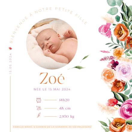 Plongez dans une symphonie florale, où chaque pétale est une note de bonheur, avec notre faire-part de naissance Bohème coloré. Des fleurs éclatantes, capturées à l'aquarelle, s'entrelacent dans une danse artistique, créant une œuvre chatoyante. Chaque détail floral est une déclaration artistique, symbolisant les instants magiques de la naissance de votre enfant. Avant l'impression, notre équipe dévouée s'assure que chaque détail s'harmonise parfaitement, ajoutant une touche d'authenticité à votre création. Choisissez la texture du papier et la couleur des enveloppes à la fin de la personnalisation, pour une expérience totalement personnalisée.