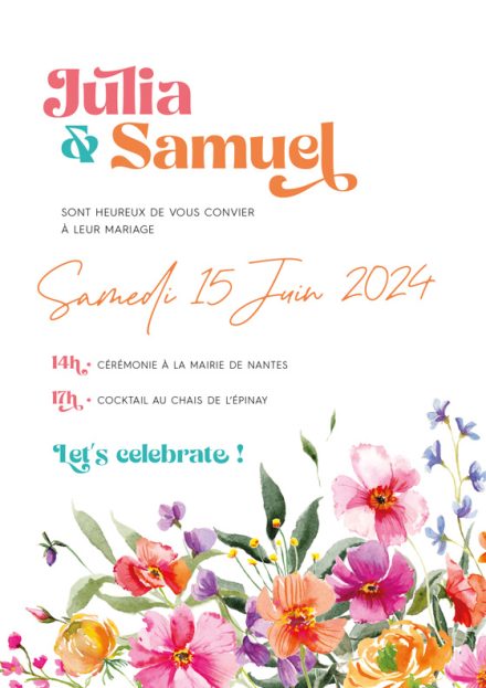 Plongez dans un voyage visuel vibrant et exaltant avec notre faire-part de mariage illustré à l’aquarelle, imprégné de l’esprit groovy des années 70 ! Laissez-vous transporter par des motifs floraux audacieux et des couleurs vives et chaleureuses qui réveilleront vos sens et captiveront votre cœur. Chaque élément de ce faire-part est une explosion artistique de bonheur, conçu pour refléter votre amour et votre joie de manière authentique et unique. Nos illustrations à l’aquarelle transmettent une énergie positive et une ambiance bohème irrésistible. Le thème groovy de notre faire-part se marie harmonieusement avec une typographie marquée et contemporaine, créant une esthétique hyppie qui respire la liberté et la créativité. Chaque détail est pensé pour évoquer l’esprit de cette époque emblématique tout en apportant une touche moderne et élégante à votre invitation de mariage. Personnalisez votre faire-part avec vos propres mots et laissez notre design emblématique faire le reste. Que vous planifiez une cérémonie en plein air dans un champ fleuri ou une fête colorée sous les étoiles, notre faire-part groovy sera le prélude parfait à votre journée de rêve. Alors, préparez-vous à danser au rythme de l’amour et de la joie avec notre faire-part de mariage groovy. Commandez dès maintenant et commencez votre voyage vers un mariage aussi coloré et vibrant que votre amour !
