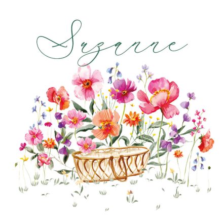 Plongez dans un monde de douceur et de tendresse avec notre faire-part de naissance où un berceau en rotin repose au milieu d'un jardin de fleurs géantes, évoquant la beauté poétique de la nature pour célébrer l'arrivée de votre nouveau-né. Sur fond de motifs vintage verts et de fleurs colorées, chaque détail, des pétales délicats aux lettres tracées avec élégance, capture l'esprit intemporel de cet instant magique, mêlant l'élégance du passé au bonheur du présent. Cette annonce, personnalisable selon vos préférences, offre une ambiance chaleureuse et réconfortante, tout en soulignant avec charme et nostalgie la joie de cet heureux événement. Commandez dès aujourd'hui et partagez la magie de la naissance de votre enfant avec vos proches dans un style vintage élégant et plein de caractère.