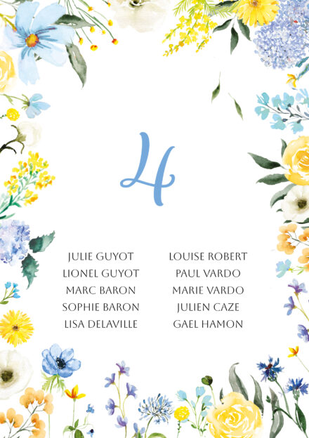 Ce faire-part aux tons bleus et jaunes est idéal pour un mariage romantique et raffiné. Il évoque l'élégance d’un jardin anglais en fleurs, avec ses nuances pastel qui apportent douceur et harmonie. Offrez à vos invités un aperçu de votre journée spéciale grâce à ce faire-part qui marie la tradition et la modernité avec un design floral intemporel.