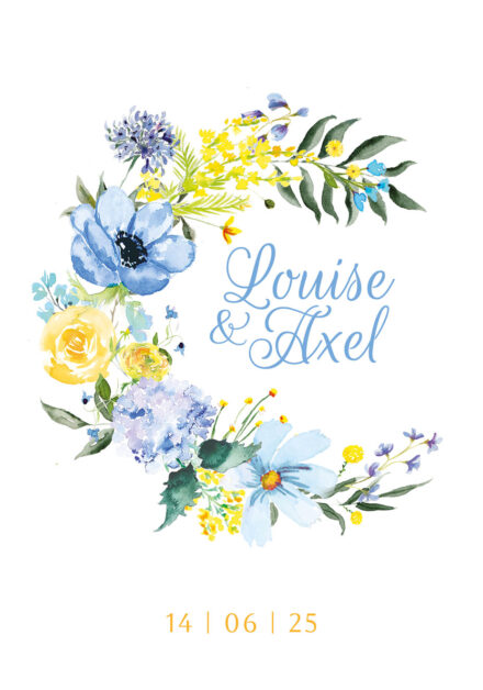 Découvrez le charme intemporel du faire-part de mariage « Romantique Pastel ». Inspiré par les couleurs douces du bleu et du jaune, ce faire-part romantique et élégant séduit par ses motifs floraux peints à la main à l’aquarelle. Idéal pour un mariage empreint de délicatesse, ce modèle évoque la fraîcheur d'un jardin anglais et l'élégance naturelle des fleurs de printemps.