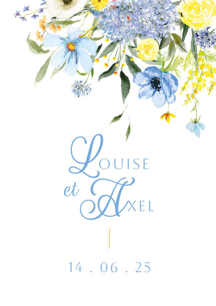 Ce faire-part aux tons bleus et jaunes est idéal pour un mariage romantique et raffiné. Il évoque l'élégance d’un jardin anglais en fleurs, avec ses nuances pastel qui apportent douceur et harmonie.