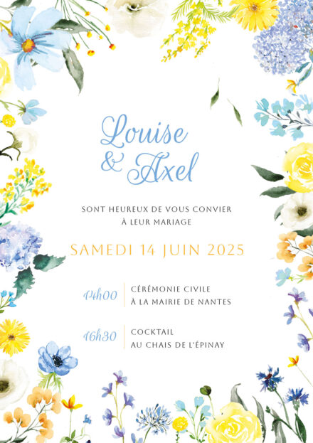 Ce faire-part aux tons bleus et jaunes est idéal pour un mariage romantique et raffiné. Il évoque l'élégance d’un jardin anglais en fleurs, avec ses nuances pastel qui apportent douceur et harmonie.