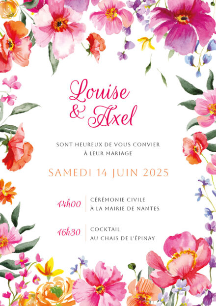 Découvrez notre faire-part de mariage « Éclat Floral » : une invitation élégante et colorée qui annonce votre grand jour avec charme et romantisme. Ce faire-part unique à rabat dévoile des détails magnifiquement illustrés à l’aquarelle, mêlant des fleurs aux teintes vibrantes de rose, orange et violet. Il comprend également un programme du mariage avec de jolis pictogrammes pour guider vos invités tout au long de votre journée spéciale.