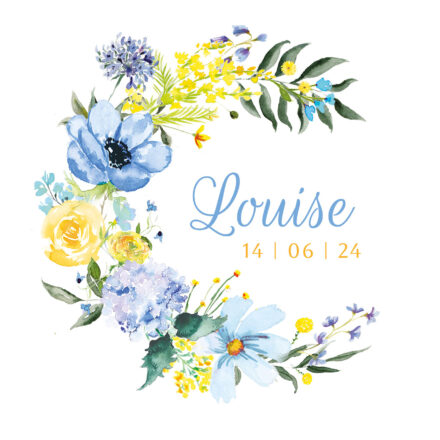 Faire-part de naissance fleuri pastel : Douceur et Élégance pour annoncer votre bébé Célébrez l’arrivée de votre bébé avec le faire-part de naissance « Douceur Pastel ». Ce modèle aquarelle aux tons doux de bleu et de jaune évoque la pureté et la tendresse des premiers instants de vie. Parfait pour un style romantique et intemporel, ce faire-part s'inspire des jardins anglais, apportant une touche délicate et poétique à l’annonce de votre nouveau bonheur.