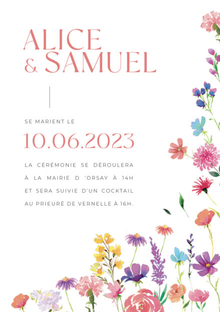 Plongez vos invités dans une ambiance douce et fleurie avec le faire-part de mariage « Champêtre Romantique ». Inspiré par la beauté des champs en fleurs et la simplicité élégante de la nature, ce modèle peint à l’aquarelle allie délicatesse et modernité. Parfait pour un mariage champêtre ou romantique, il se distingue par ses détails subtils et ses illustrations florales raffinées.